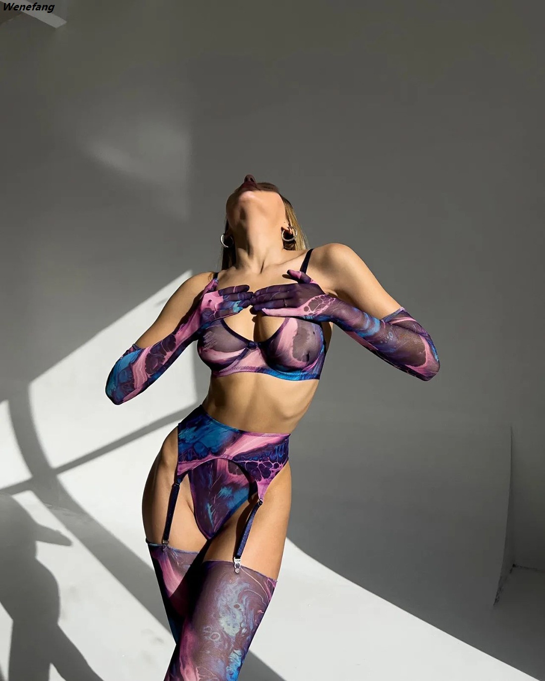 Wenefang MIRABELLE Tie Dye Lingerie With Stocking Gloves Sleeve Underwear Luxury 5-Piece Intimate See Through Mesh Sensual Outfit