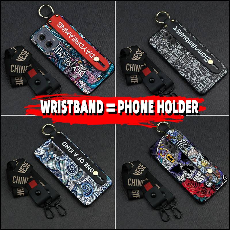 personality Wrist Strap Phone Case For MOTO Edge 5G 2024 Anti-dust Phone Holder Kickstand Durable Graffiti Back Cover
