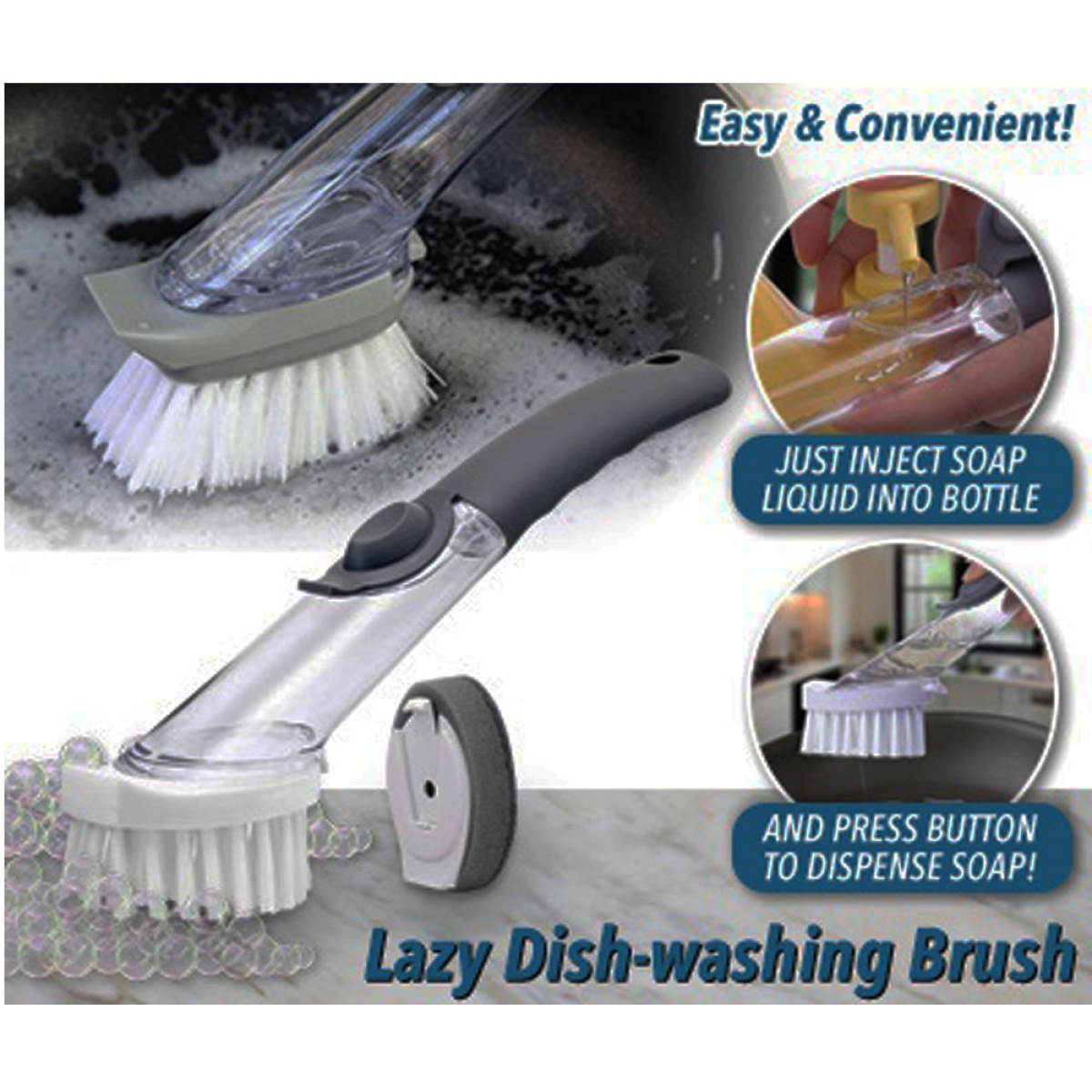 Automatic Liquid Filling Pot Brush 2 In 1 Long Handle Dish Washing Brush With 2 Replacement Sponge Head