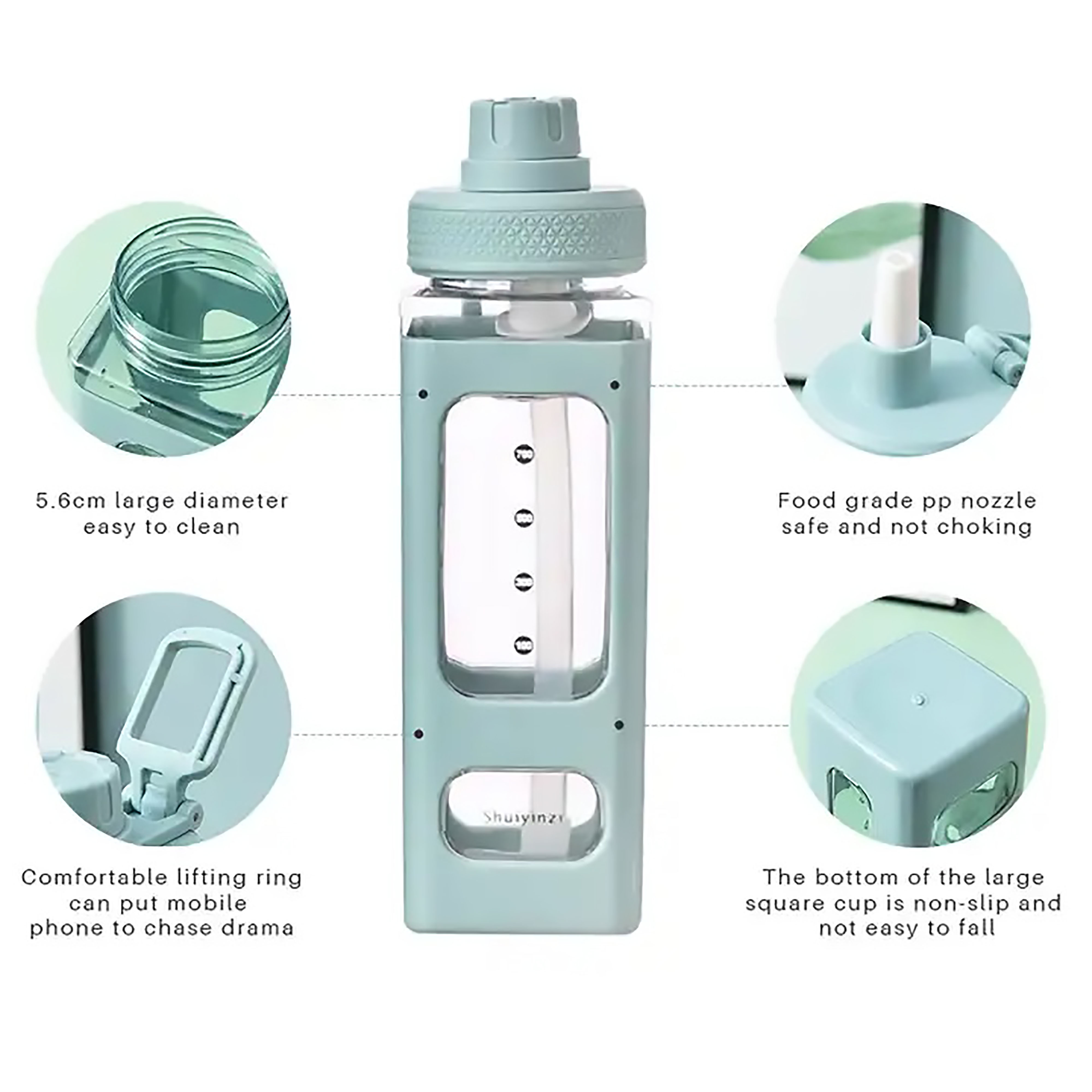 Square Water Bottle with Straw 900ML Reusable Leakproof Anti Slip for Home Office