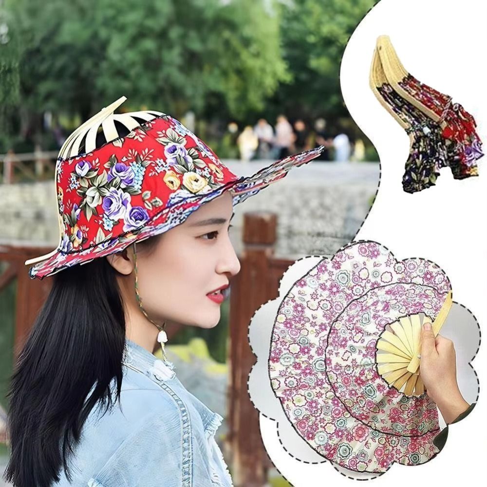 Portable Wide Brim Folding Fan Hat Floral Printed Foldable Fan Sun Hats Chinese Style UV Protection Bamboo Sunscreen Cap Beach