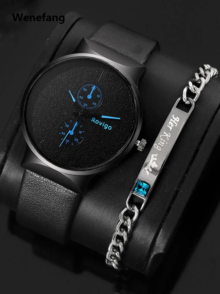 Wenefang 2pcs Fashionable, Simple and Casual round MEN'S New Belt Quartz Watch with Chain Bracelet Set