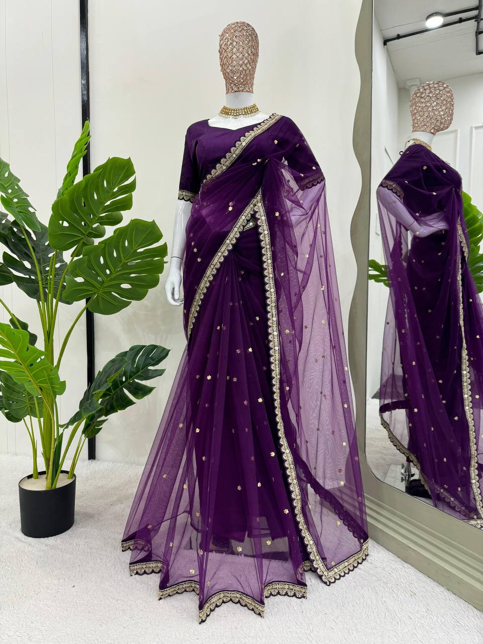 Elegant Soft Net Saree with Coding & Sequence Work and Mono Bagloro Silk Blouse By Sapnaaz Fashion - Purple
