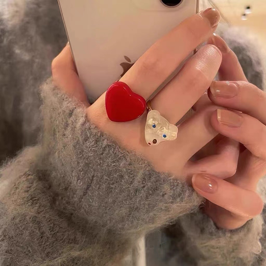 【Recently popular】Ins Red Love Bear Resin Ring Women's Sweet Cute Girl Food Finger Ring Ins Trendy Adjustable Ring