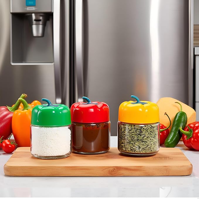 Round Glass Jar Capsicum Shape 200ml Multicolor Kitchen Storage Jar Round Container (Set of 2)