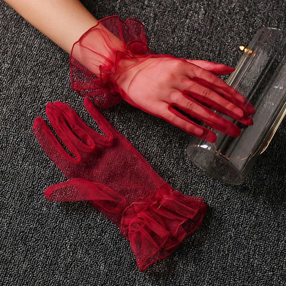 Elastic Transparent Women Tulle Gloves Short Ultra Thin Gauze Lace Gloves Full Finger Bridal Wedding Mesh Gloves Ladies