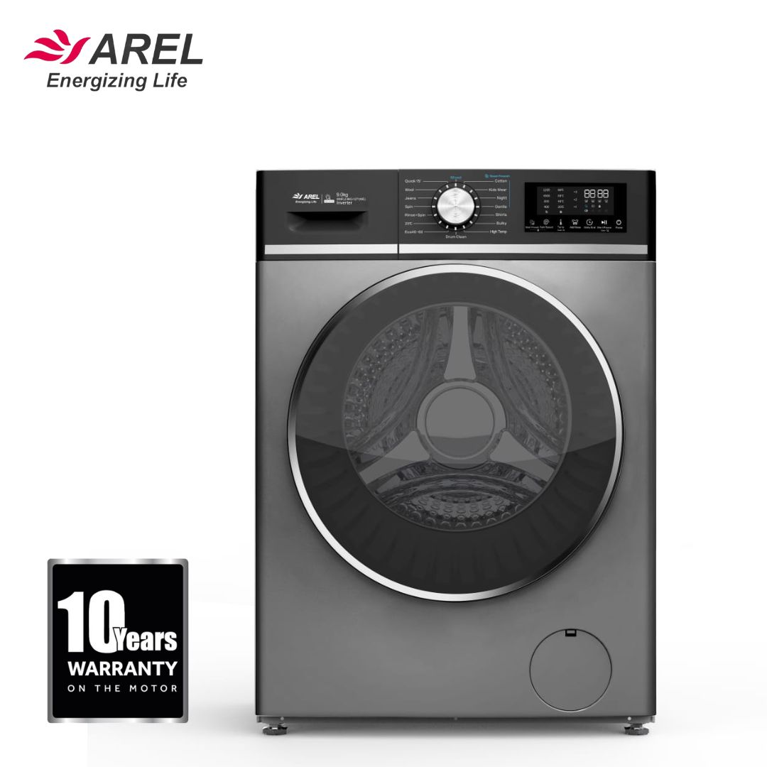 Arel 9kg Front loading Fully Automatic Washing Machine | AI Powered | Inbuilt Heater | Fabrisafe Drum | Steam Wash | Child Lock | Unbalanced Load Sensor | 10 yrs Warranty