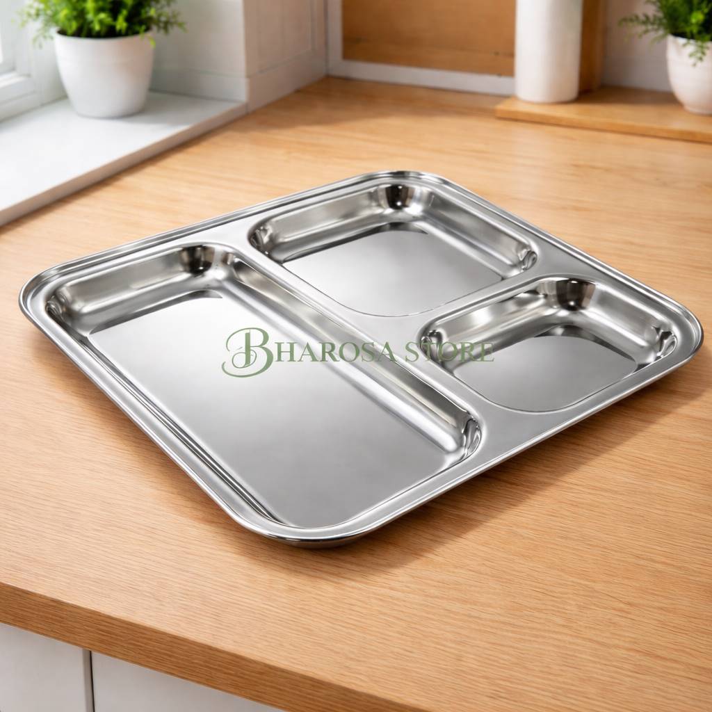 Food Grade Stainless Steel Square Baby Feeding Plate With Three Compartments - 21cm x 21cm, Premium Thick Quality