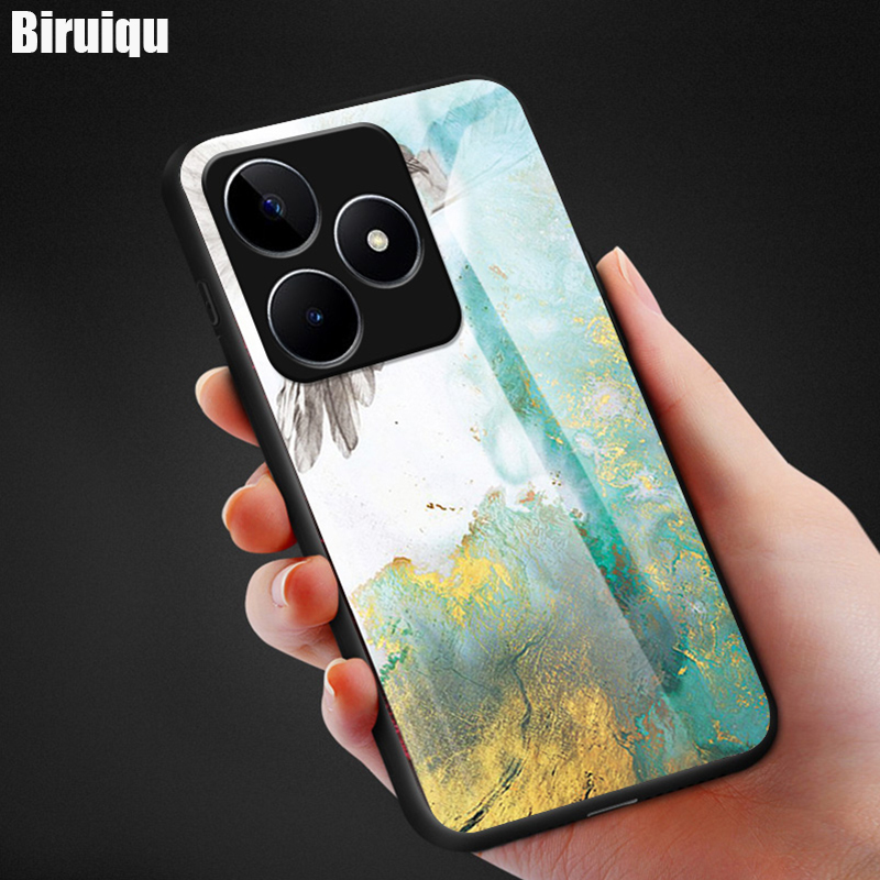 Biruiqu For Realme C51 C53 Shockproof Fashion Marble Tempered Glass Back Case Cover