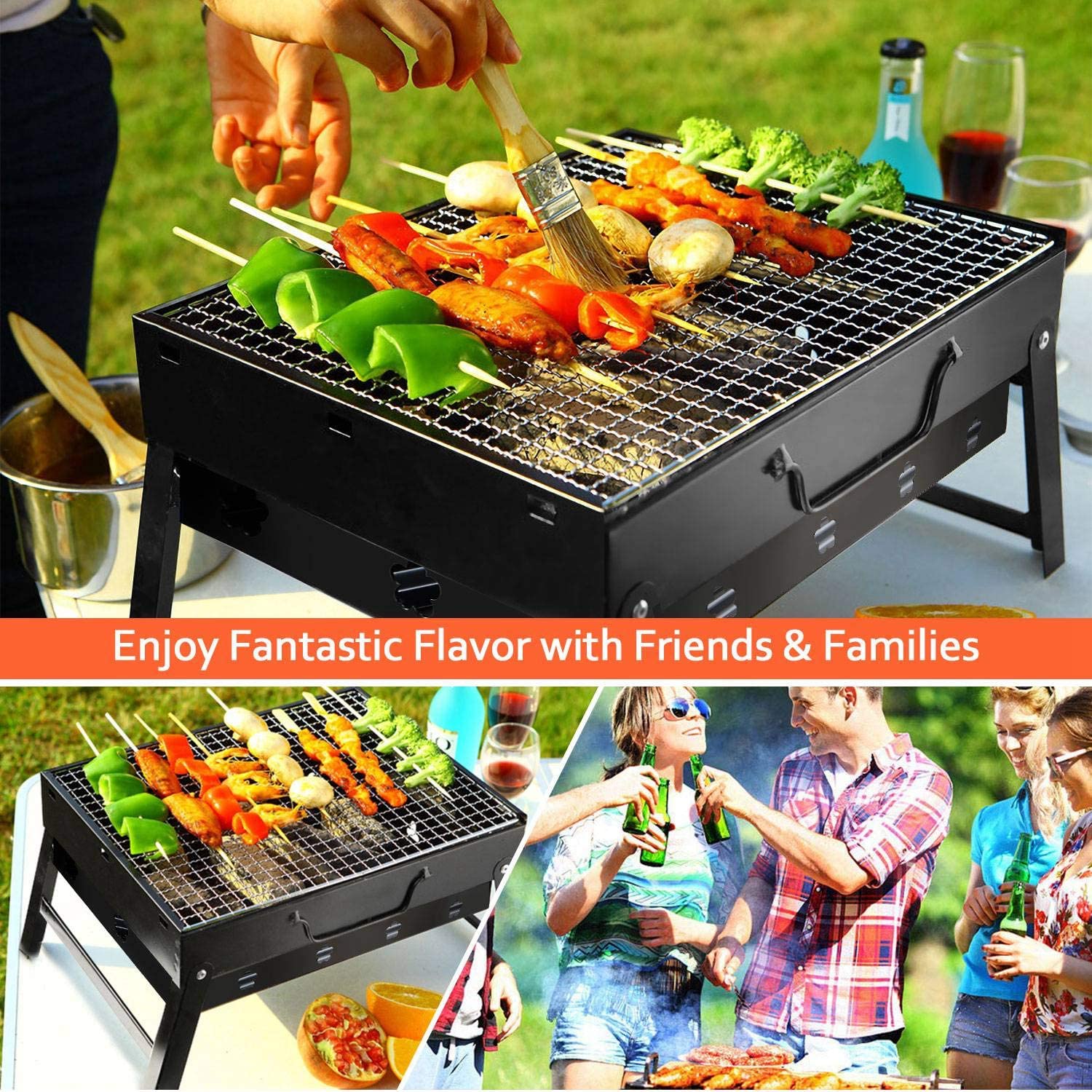 Folding Portable Barbecue Charcoal Grill, Moclever Stainless Steel Small Charcoal Grill, Mini BBQ Tool Kits For Outdoor Cooking Camping Picnics Beach