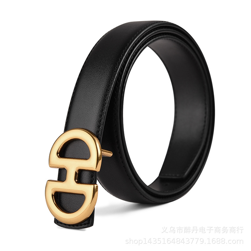 In Stock Wholesale Genuine Leather Women's Belt Soft Versatile Smooth Buckle Black Wide Belt Women's Embellished Jeans Belt