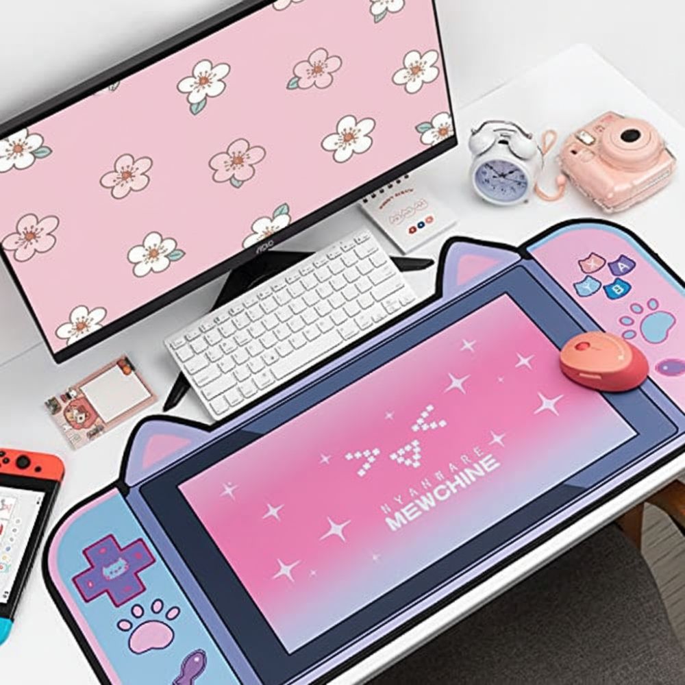 Cute Cat Ear Mouse Keyboard Pad Large Non-Slip Keyboard Desk Mat Rubber Base Cartoon Themed Mouse Pad For Gaming, Writing,Office