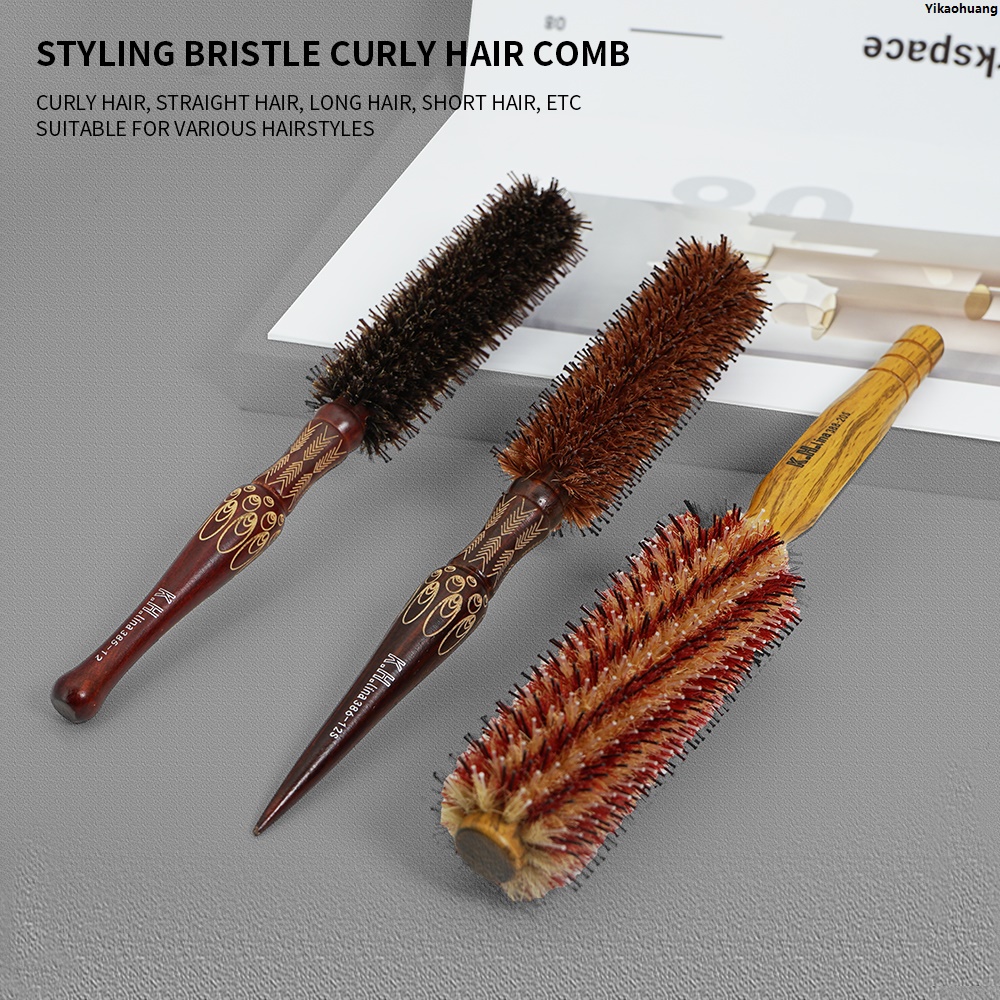 NEW YikaohuangNatural Wooden Bristle Hair Round Brush Hair Roller Brush Hairdressing Anti Static Professional Barber Hair Comb Styling Tools Luxury