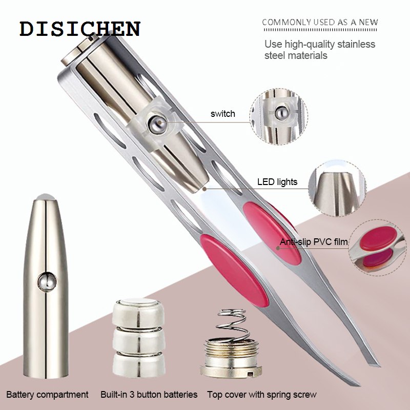 DISICHEN New 1PC LED Eyebrow Tweezer Oblique Tip Stainless Steel Eyebrow Trimming Clip Eye Hair Removal Prune False Eyelash Clamp Makeup Tool