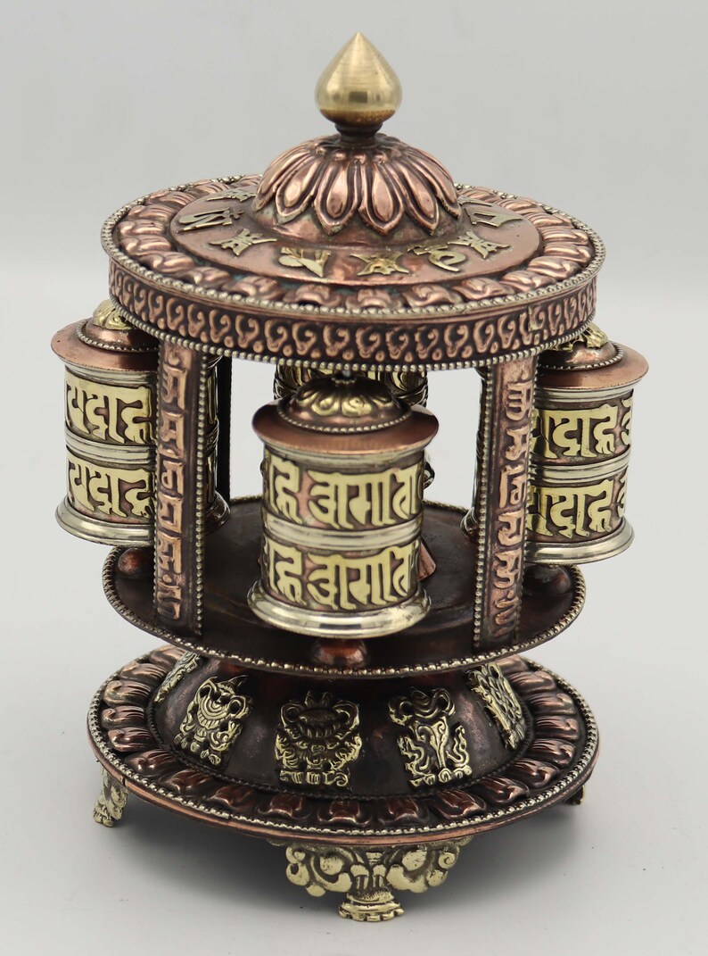 6" Table Top Tibetan Buddhist Handcrafted 4 Hand Spinning Prayer Wheel Handheld Intricate design ~ Made in Nepal