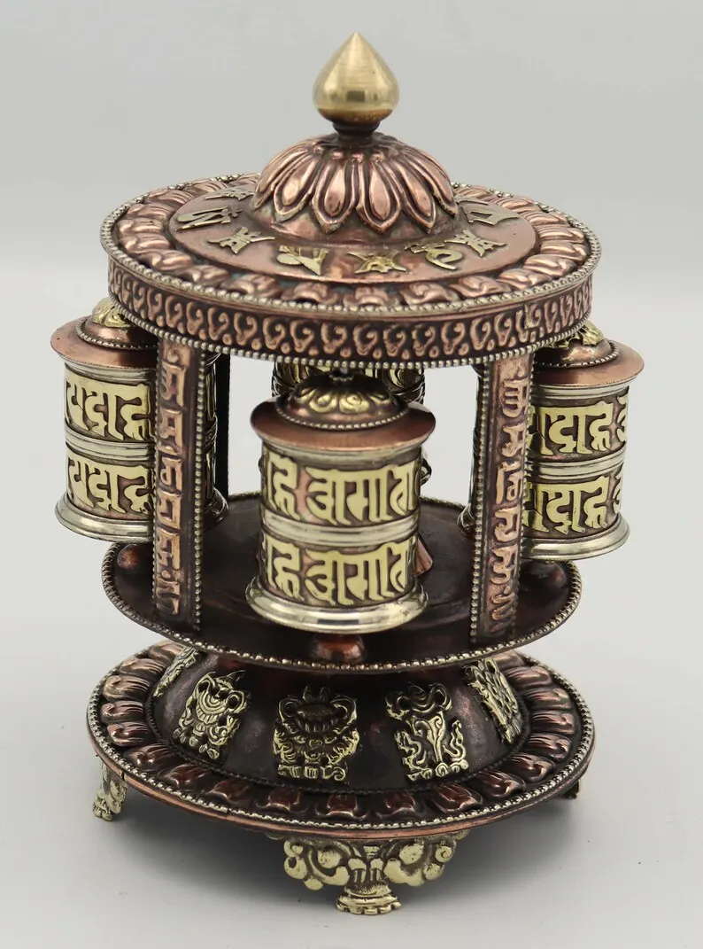 6" Table Top Tibetan Buddhist Handcrafted 4 Hand Spinning Prayer Wheel Handheld Intricate design ~ Made in Nepal
