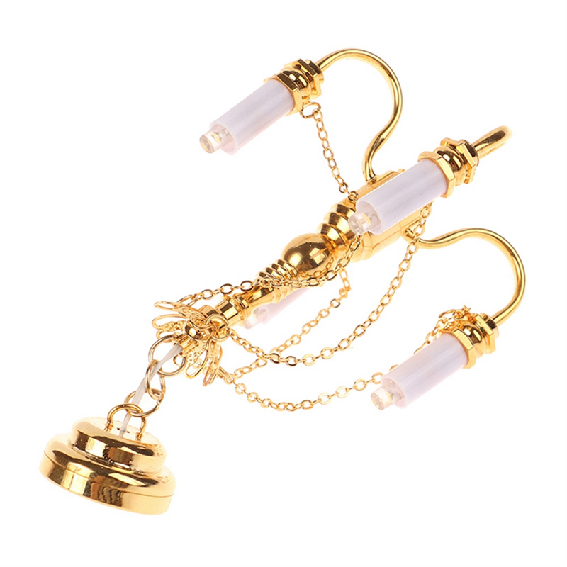 1 Piece 1:12 Mini 4 Arm Ceiling Lamp Chandelier LED Lamp Decoration Gold