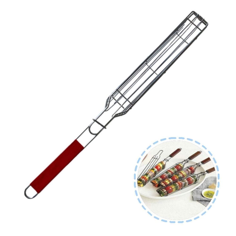 Barbecue Rack Wooden Handle BBQ Cage Portable Mesh Clip Grill Net Nonstick Sausage Clip Barbecue Clip Grill Tools