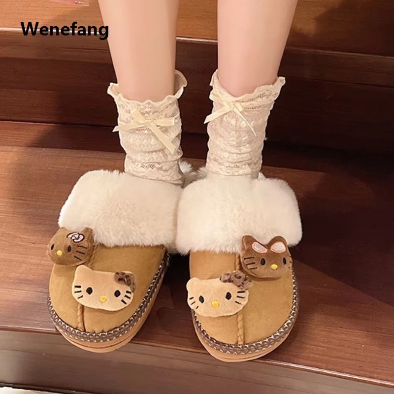 Wenefang Sanrio Hello Kitty Plush Slippers Autumn Wintercute Cartoon Fuzzy 2025 New Warm Comfy Women New Home Shoe Outdoor Antiskid Flat Slippers