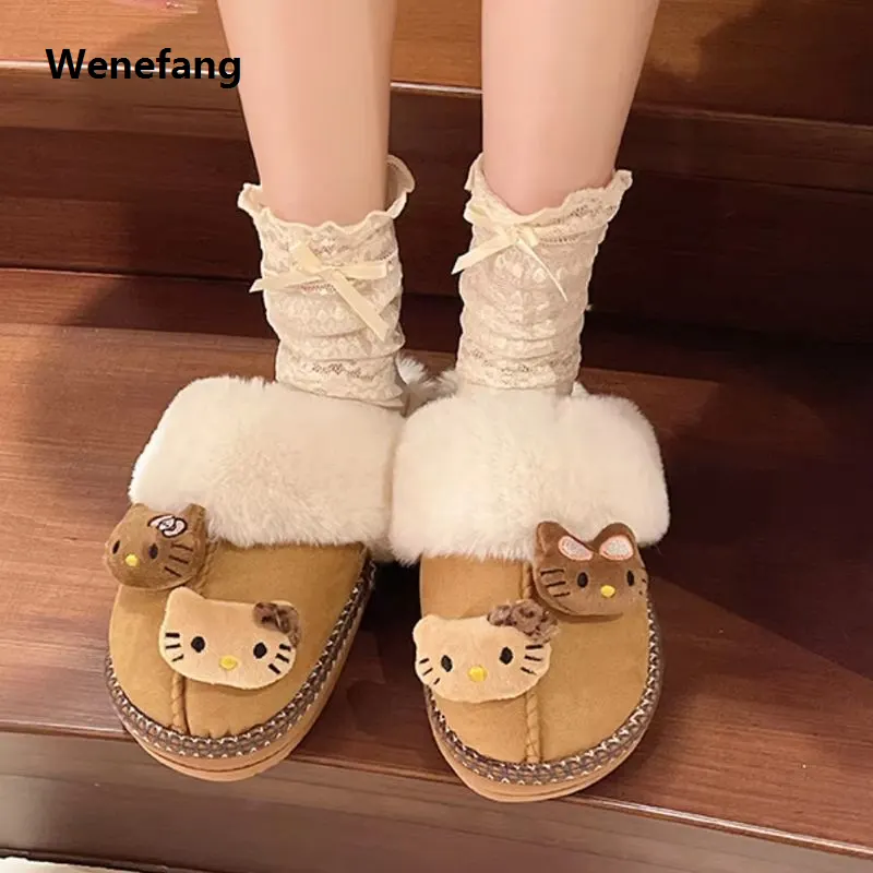 Wenefang Sanrio Hello Kitty Plush Slippers Autumn Wintercute Cartoon Fuzzy 2025 New Warm Comfy Women New Home Shoe Outdoor Antiskid Flat Slippers
