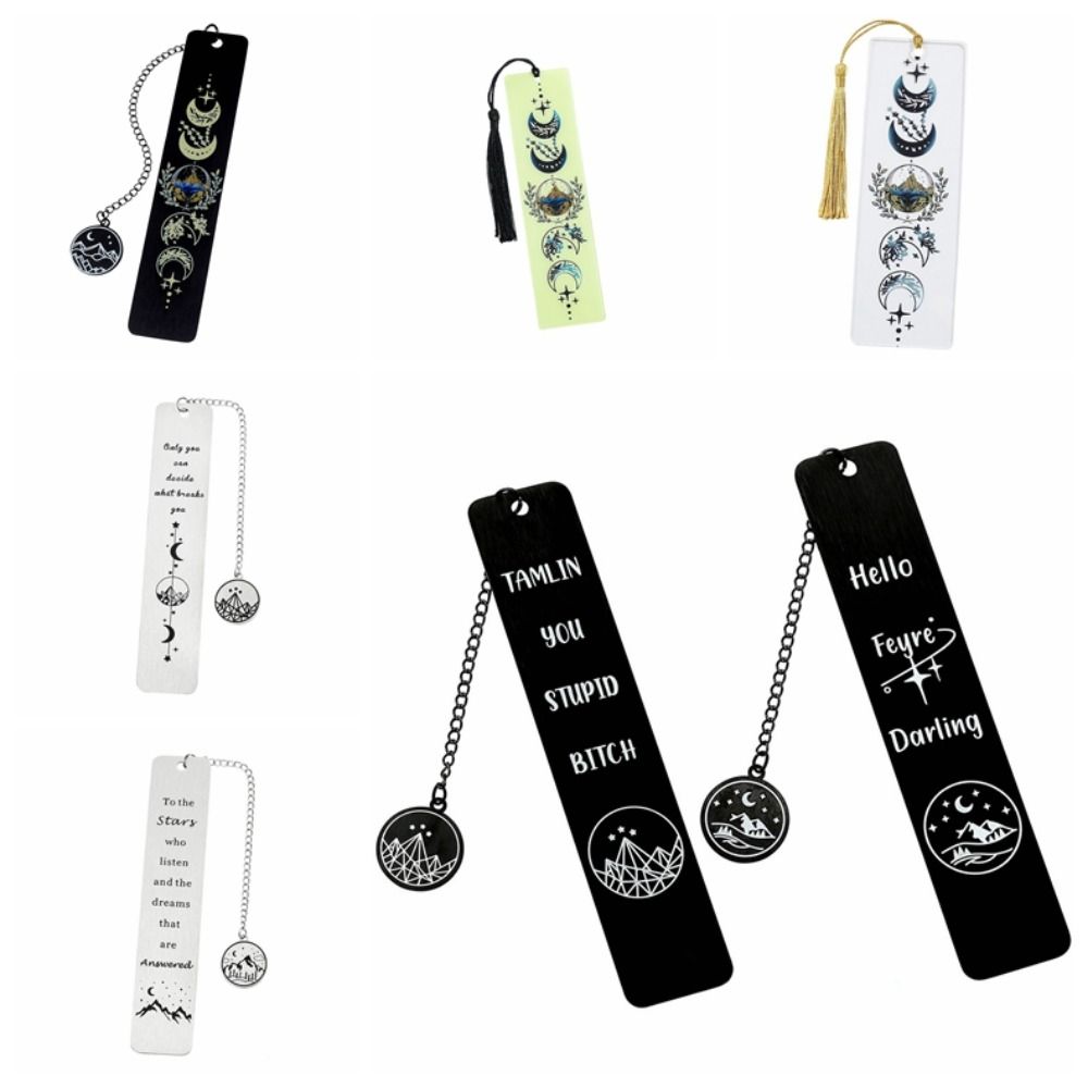 New Stainless Steel Acotar Bookmark with Tassel Creative Moon Mountains Bookmark Text Design Durable Creative Bookmark