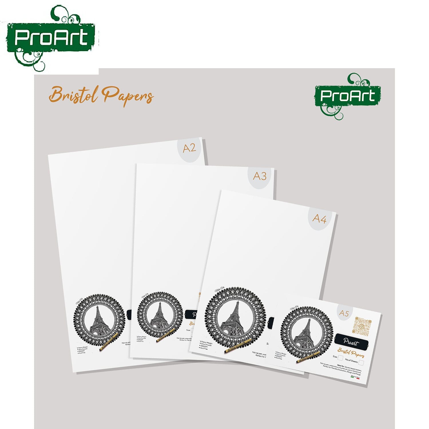 ProArt Artists' Bristol Paper 300GSM A4-20 Sheets, Ultra Smooth, Acid Free (Made In Italy)