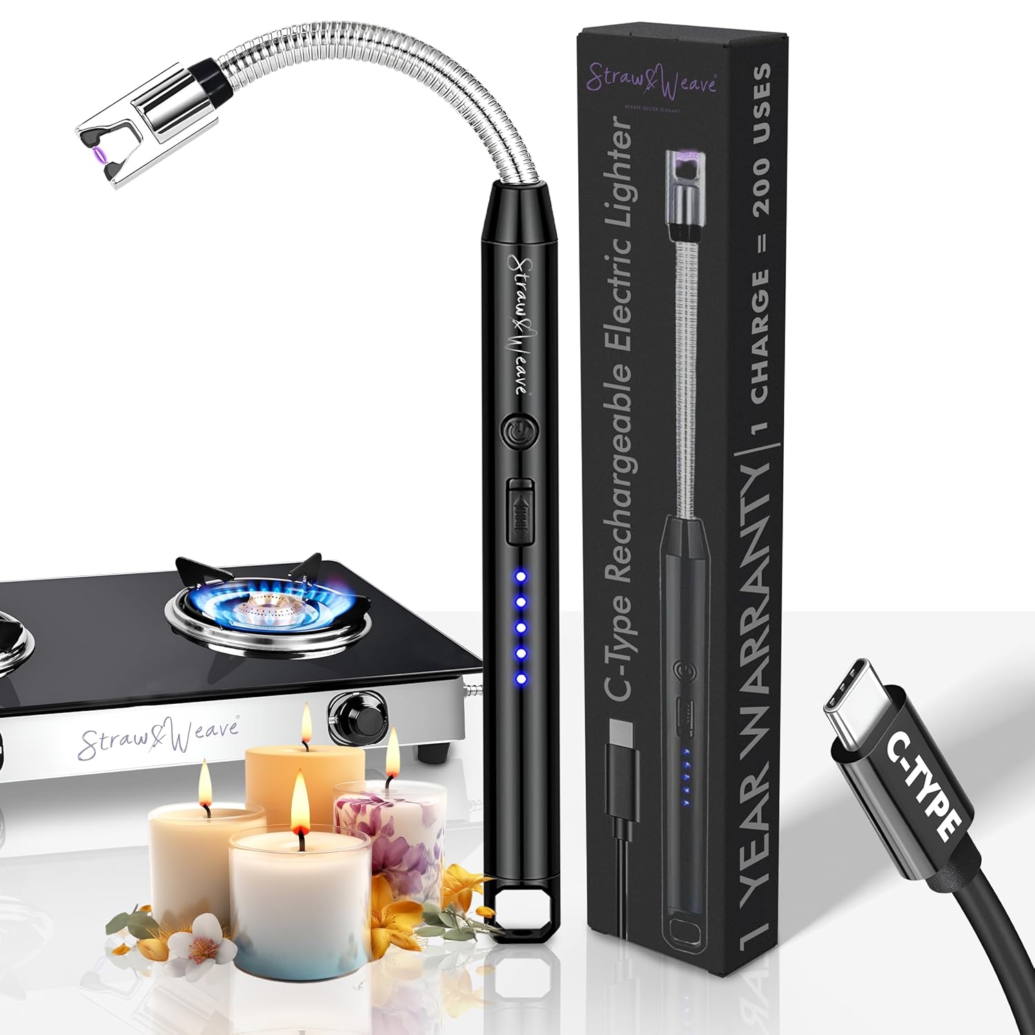 Rechargeable Electric Gas Lighter for Kitchen, Lighter for Gas Stove, Candles, Pooja, C-Type USB, Kitchen Tools, Multi Purpose - 360° Flexible & Windproof, Black