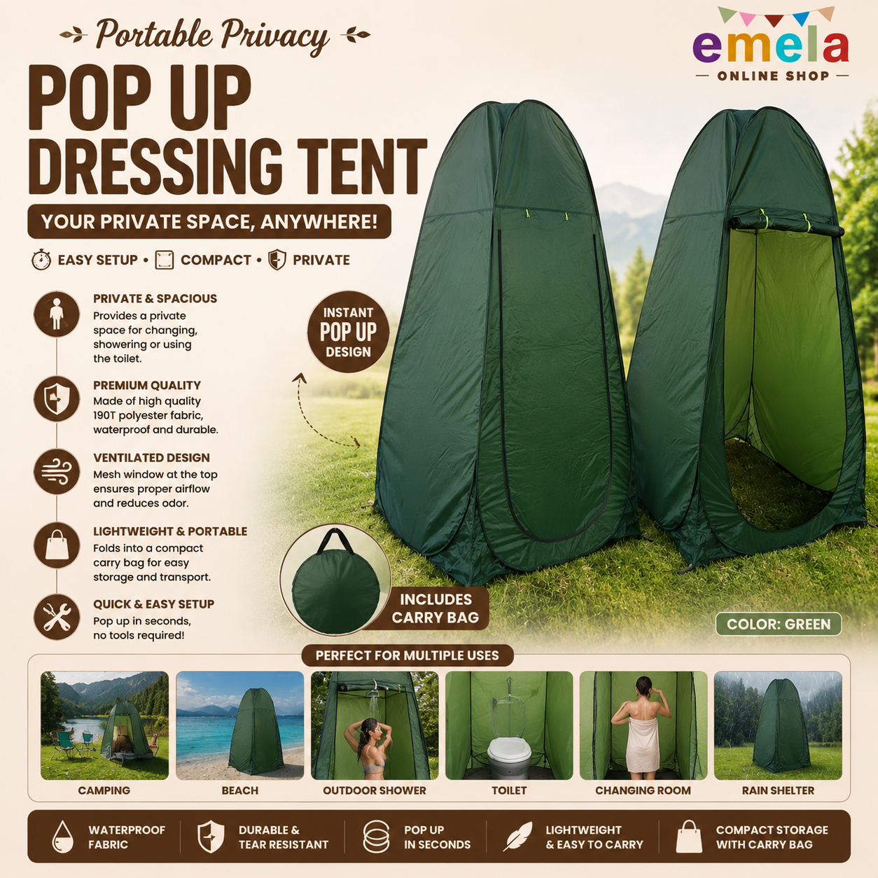Portable Privacy Pop Up Polyester Dressing Changing Tent, Outdoor Tent, Foldable Outdoor Shower Tent, Camp Toilet Tent,Rain Shelter for Camping 1pc(Green)