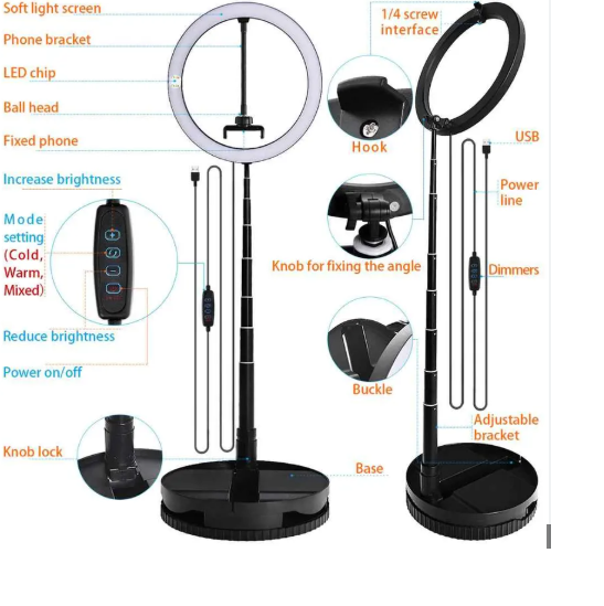 Fosoto FT-G1 LED Ring Light Dimmable Video Light Selfie USB Ring Light 1.68m Photography Light Foldable Makeup Tripod