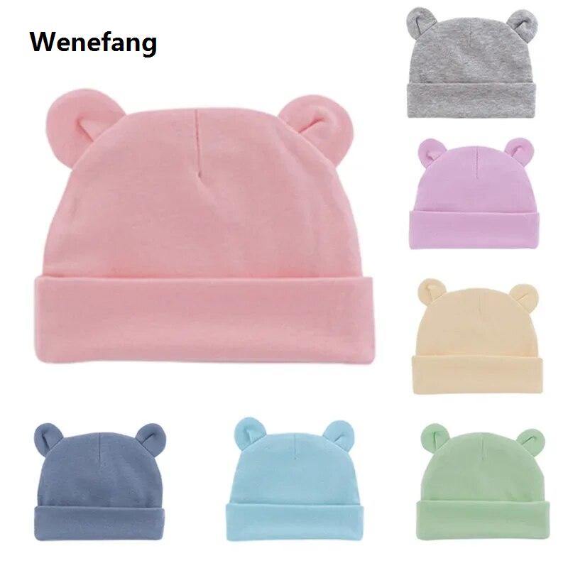 Wenefang Autumn Winter Baby Hat Comfortable Solid Color Hats Cute Ear Shape Sales promotion Cotton Cap Newborn Photography Props 0 -1 Infant Bonnet Items