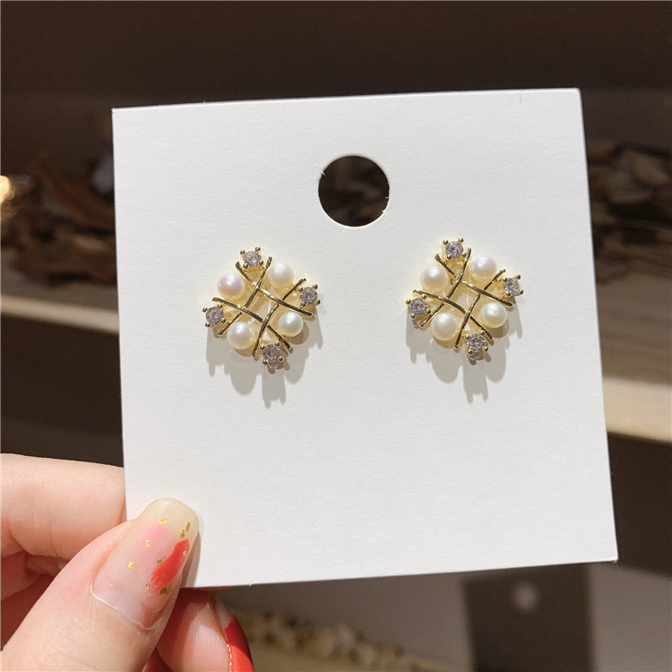 【Best Price Guaranteed】925 Silver Needle Geometric Square Pearl Earrings 2021 New Style Elegant Earrings Simple Distinctive Women's Trendy Earrings