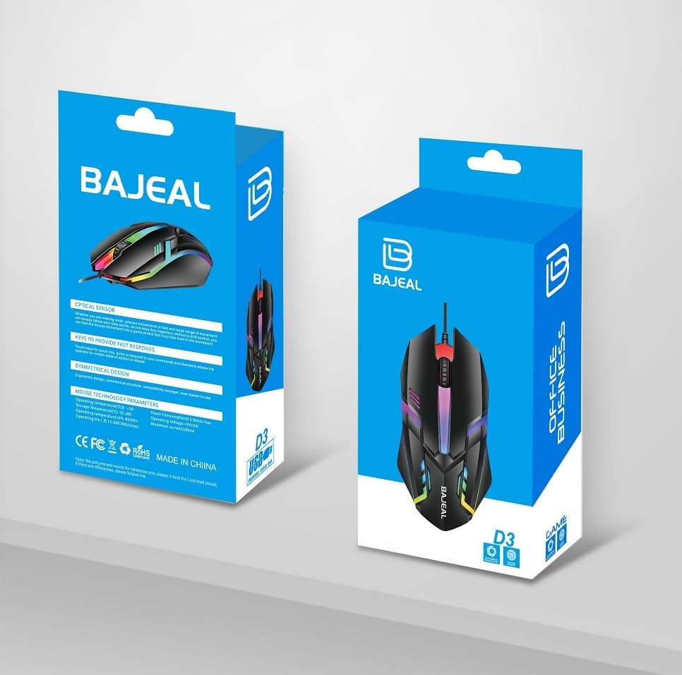 Bajeal RGB Wired Gaming Mouse 1200 DPI Optical USB Mouse, 7-Color RGB Backlit Computer Mouse, Ergonomic Ambidextrous Design, 10 Million Clicks, USB Wired Mouse for PC, Laptop, Desktop & MacBook