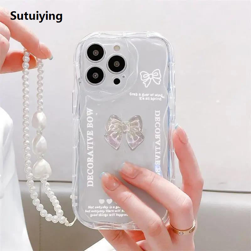Sutuiying Korean 3D Bow Pearl Chain Clear Case for OPPO A17 A16 A15 A5S A12 Sales promotion A31 A53 A9 A5 2020 A55 A54 A57 A77 A96 A52 A92 A93 A94 Cover