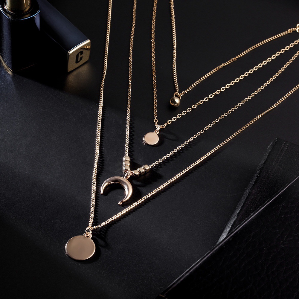Layered Moon Necklace - Gold and Silver, Heart Pendant, Adjustable, Boho Style