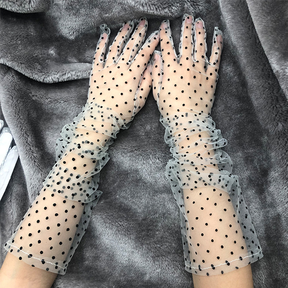 Wedding Pair Stretchy Full Finger Sunscreen Falbala Lace Mittens Spots Tulle Gloves Spots Gloves
