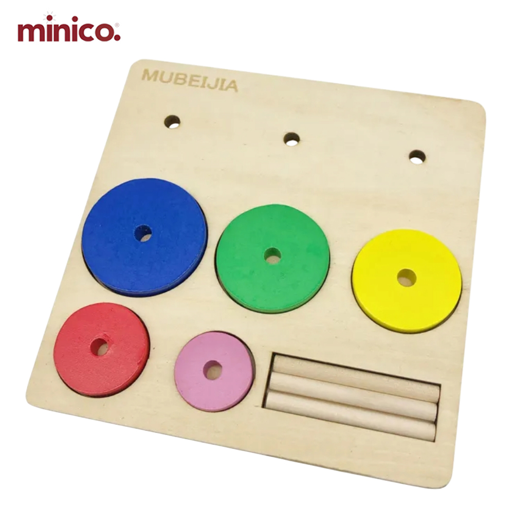 Minico Montessori Wooden Educational Rainbow Rings Stacker Peg Puzzle Toy - Early Learning Colorful Shape & Size Learning Board for Kids
