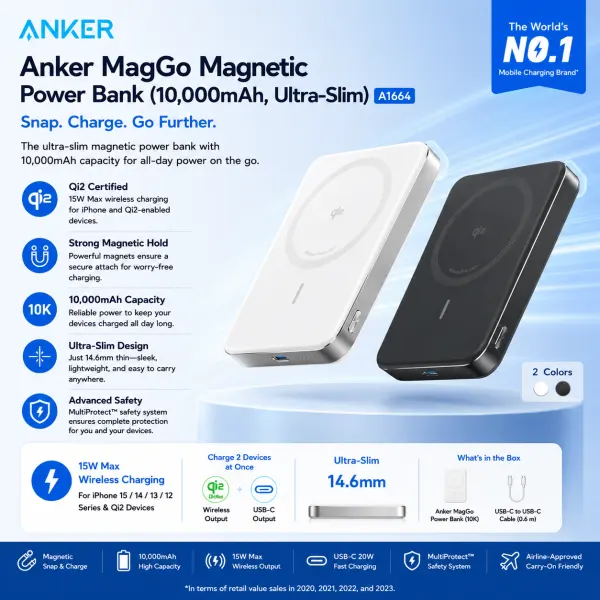 An-ker MagGo Magnetic Power Bank (10,000mAh, Ultra-Slim) A1664 | Qi2 15W Wireless Charging | MagSafe Compatible | USB-C Fast Charging