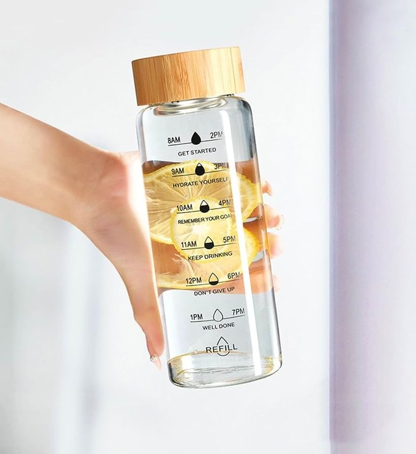 Masala Beads 750ml Clear Glass Water Bottle With Motivational Time Markers And Bamboo Lid - Transparent Aesthetic Borosilicate Leakproof Glass Daily Hydration Eco Firendly Travel Sipper