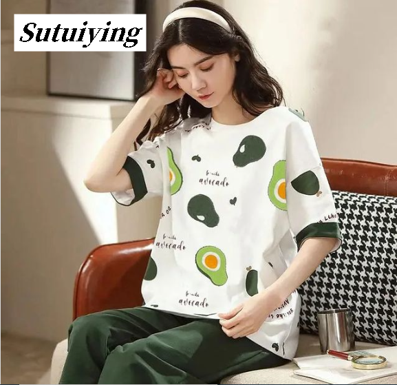 Sutuiying Pack of 2 Soft Cotton Night Suit for Women Girls - Luxury Stylish T-Shirt Pajama Sleepwear Set for Summer