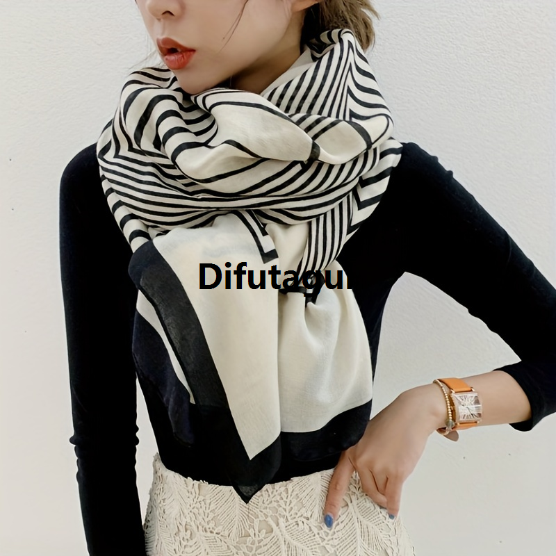 Difutagui Classic Black White Striped Scarf Elegant Thin Breathable Fashion Silky Shawl Spring Summer Sunscreen Soft Beach Towel