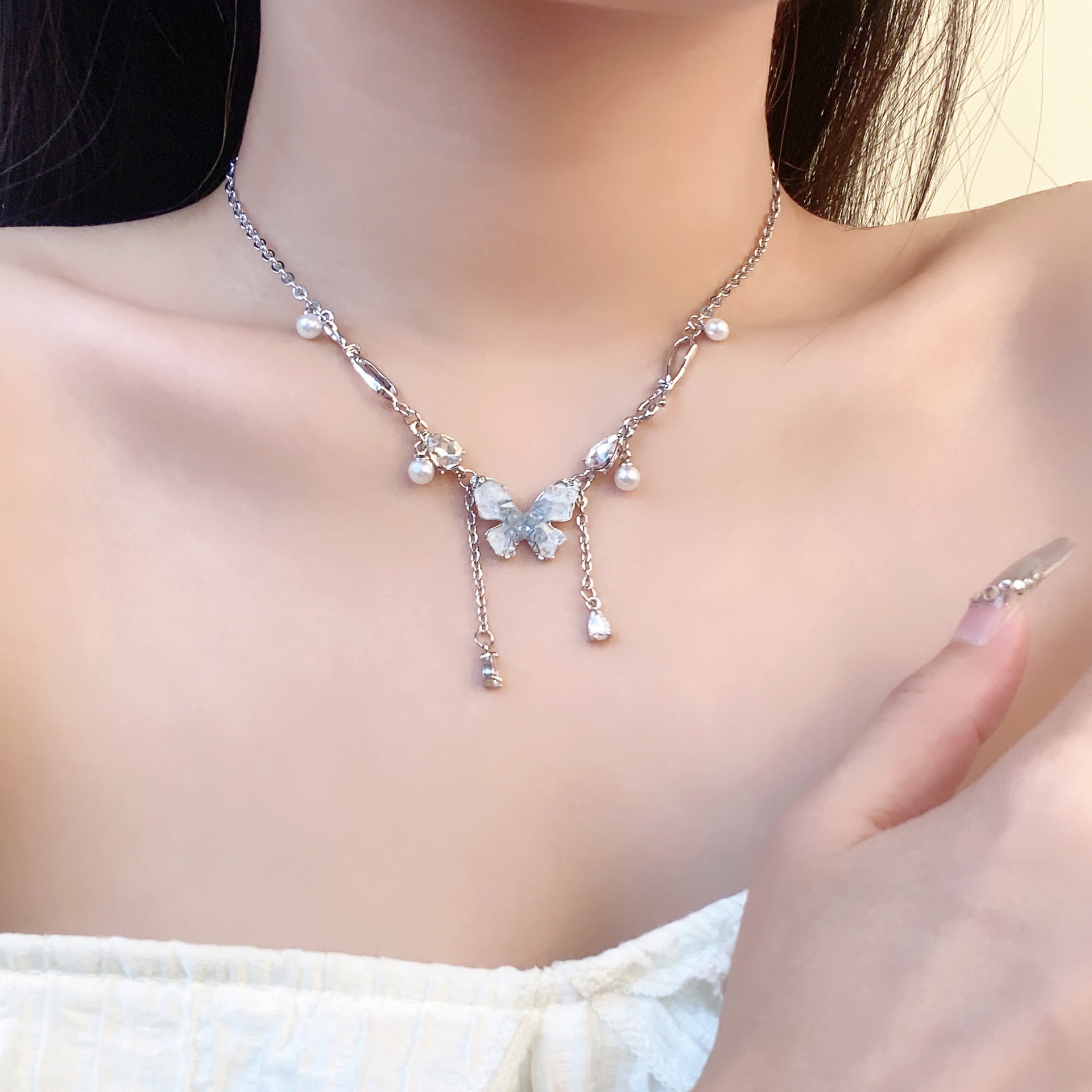 【Mega Sale】Super Fairy Gravel Tassel Necklace Women's Luxury High-end Elegant Necklace Fashionable All-match Collarbone Chain Necklace Summer
