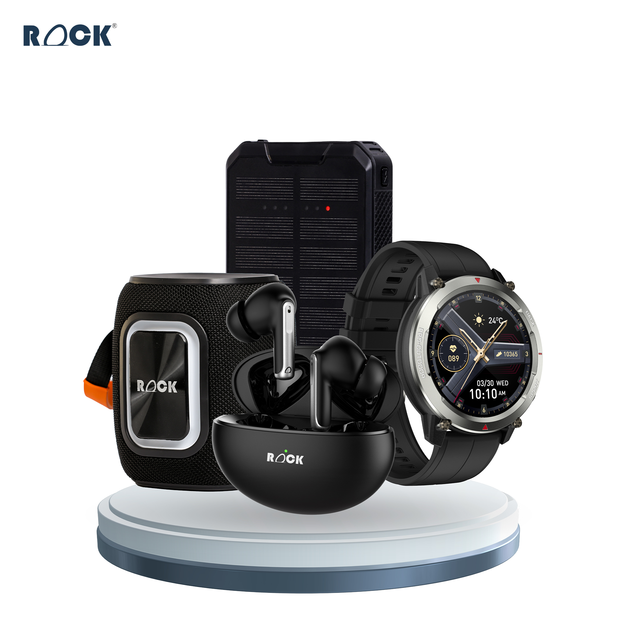 Rock 4.4 Ultimate Outdoor Sports Kit: Smartwatch Black with Solar-Powered 20000mAh Powerbank, IP68, Bluetooth Speaker, Wave Earbud
