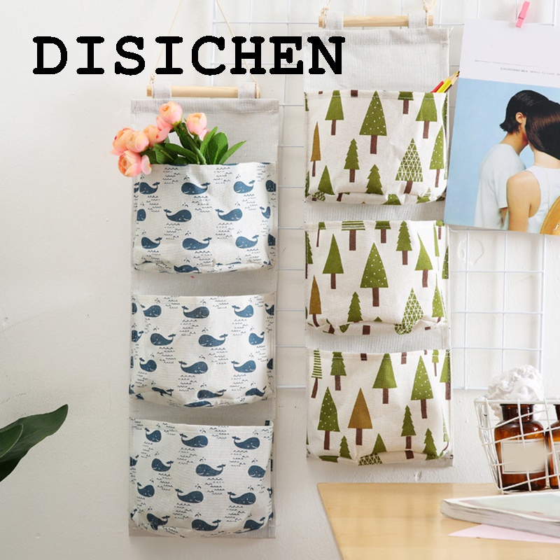 DISICHEN New style Home Kitchen Wall Mounted Storage Bag With 3 Pockets Linen Fabric Waterproof Wall Door Closet Hanging Organizer For Bath Bedroom