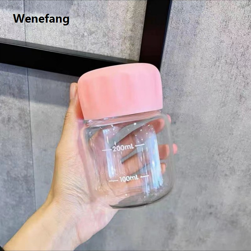 Wenefang Mini Cute Kawaii Glass Water Bottle 300ml Small Drinking Bottle 2025 with Scale Portable Woman Glass Tumbler Girl Milk Coffee