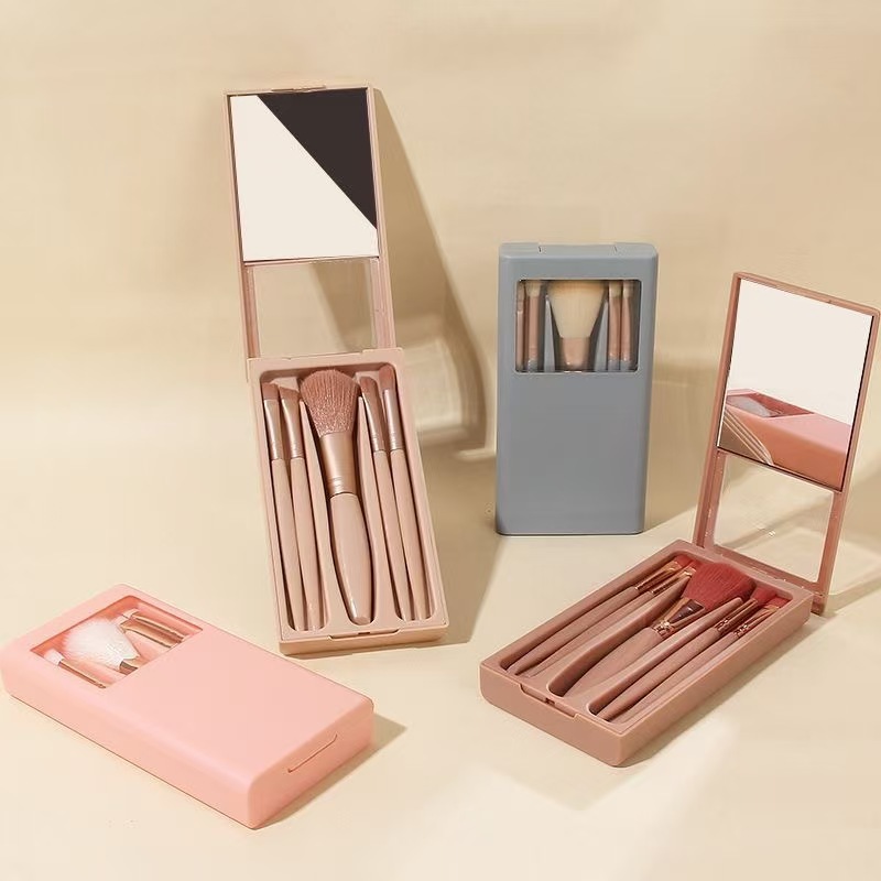 5 Pcs Travel Size Premium Makeup Brush Set with Built-In Mirror - Soft Mini Brushes in Portable Design Box for Face, Eyes & Lips - Compact Cosmetic Brush Kit for Women
