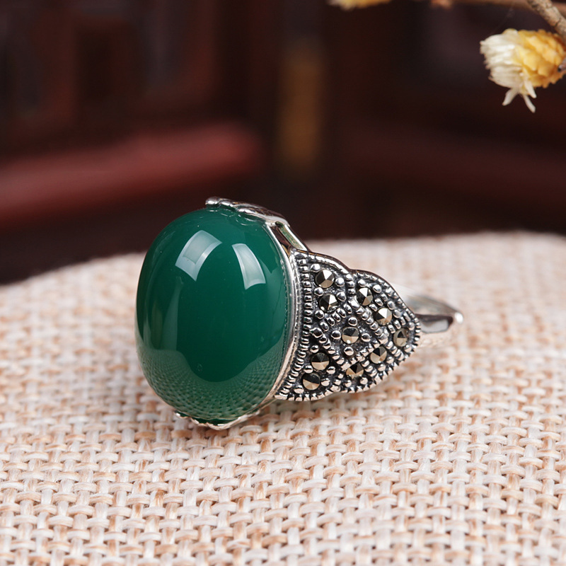 【Trendy Retro Imitation Thai Silver Dyeing Black Process Simulation Garnet Stone Gem Open Ring Women's Ring