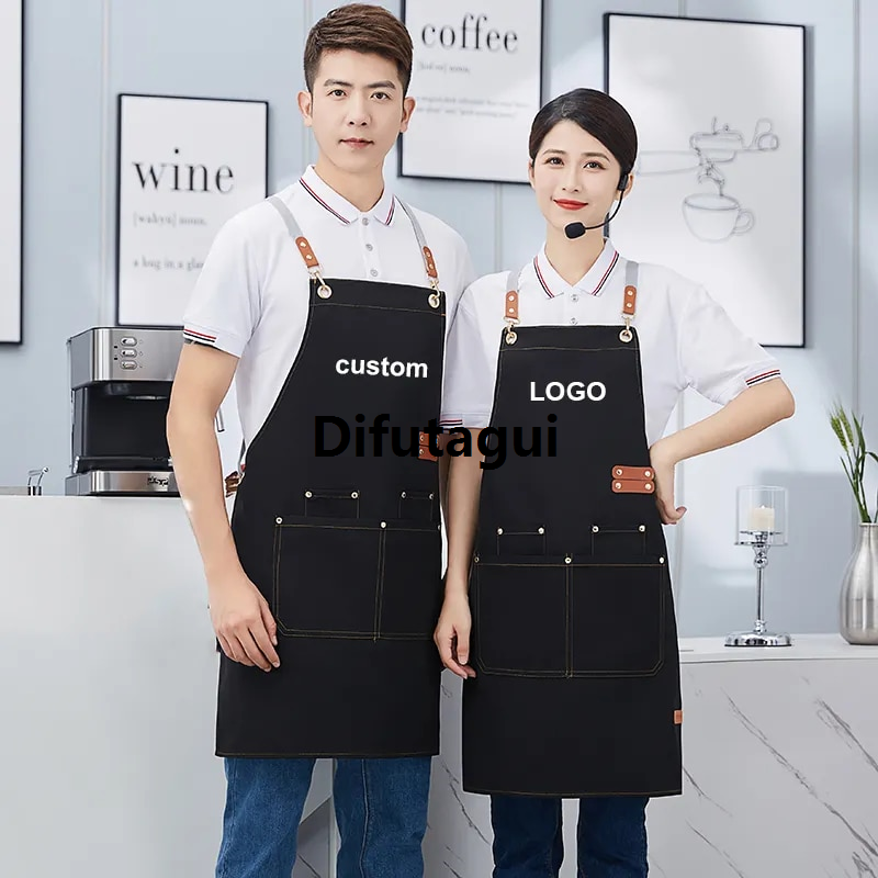 Difutagui New specials Apron Custom Logo Catering Server Uniforms Restaurant Cafe Hotel Waiter Chef Aprons Women Nail Salon Work Bib Men's BBQ Mandiles