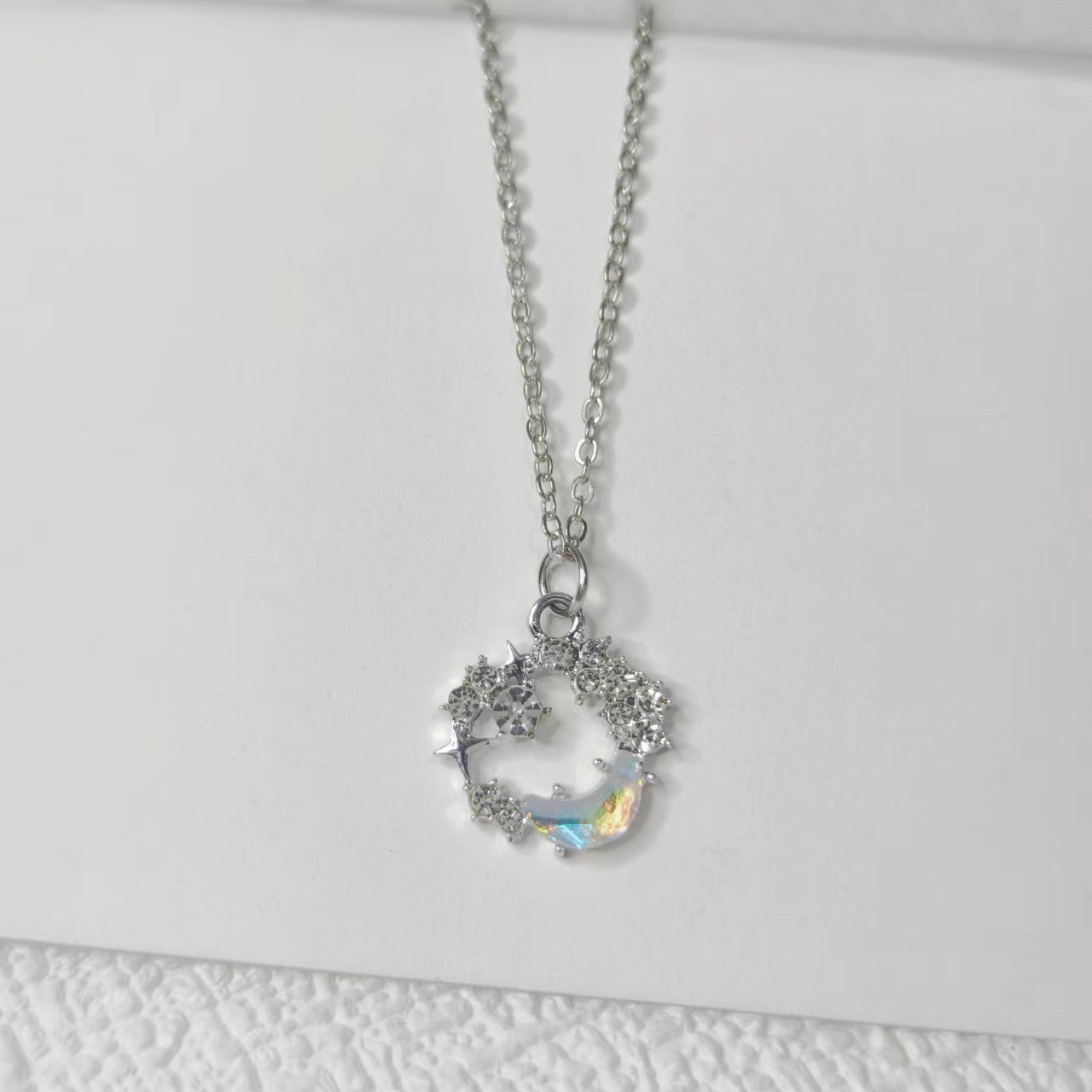 【New Arrivals】Titanium Steel Star Moon Necklace Women's Light Luxury Niche Design Moon Pendant Sweet Dreamy Glazed Stone Clavicle Chain