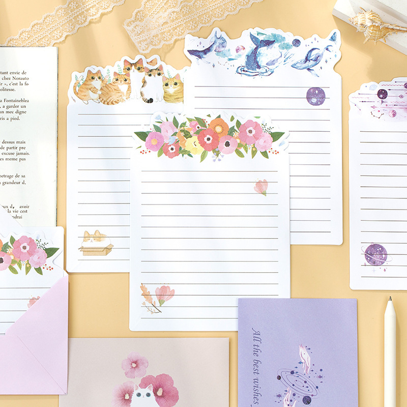 NEW 【Special offer】9 Pcs/Set 3 Envelopes + 6 Letter Papers Cat Planet Flowers Writing Paper Envelope Set Gift Stationery