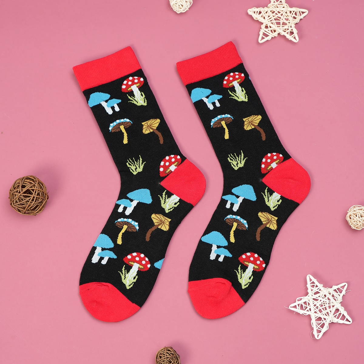 Season all socks mid-barrel men and women breathable background black 1 pair multi-color mushroom umbrella, fit